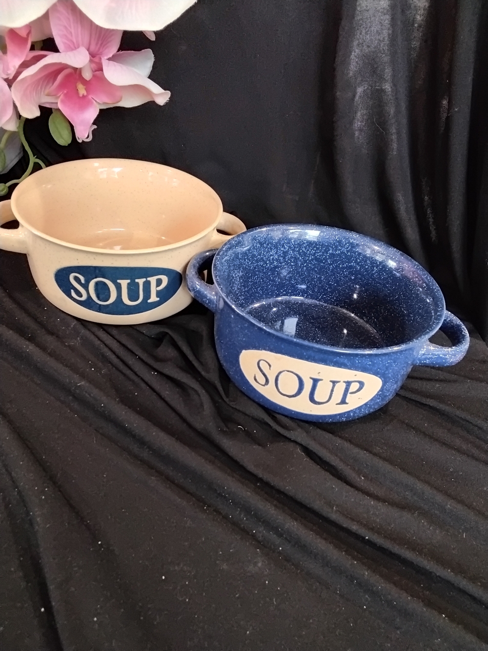 Set Of 2 Mulberry Blue and Cream Speckled Ceramic Soup Bowls with Handles